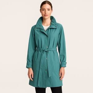 EILEEN FISHER Teal Belted Trench Coat M Lightweight Travel Jacket Minimalist